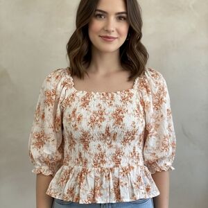 LOFT Floral Smocked Peplum Blouse - Cream and Orange